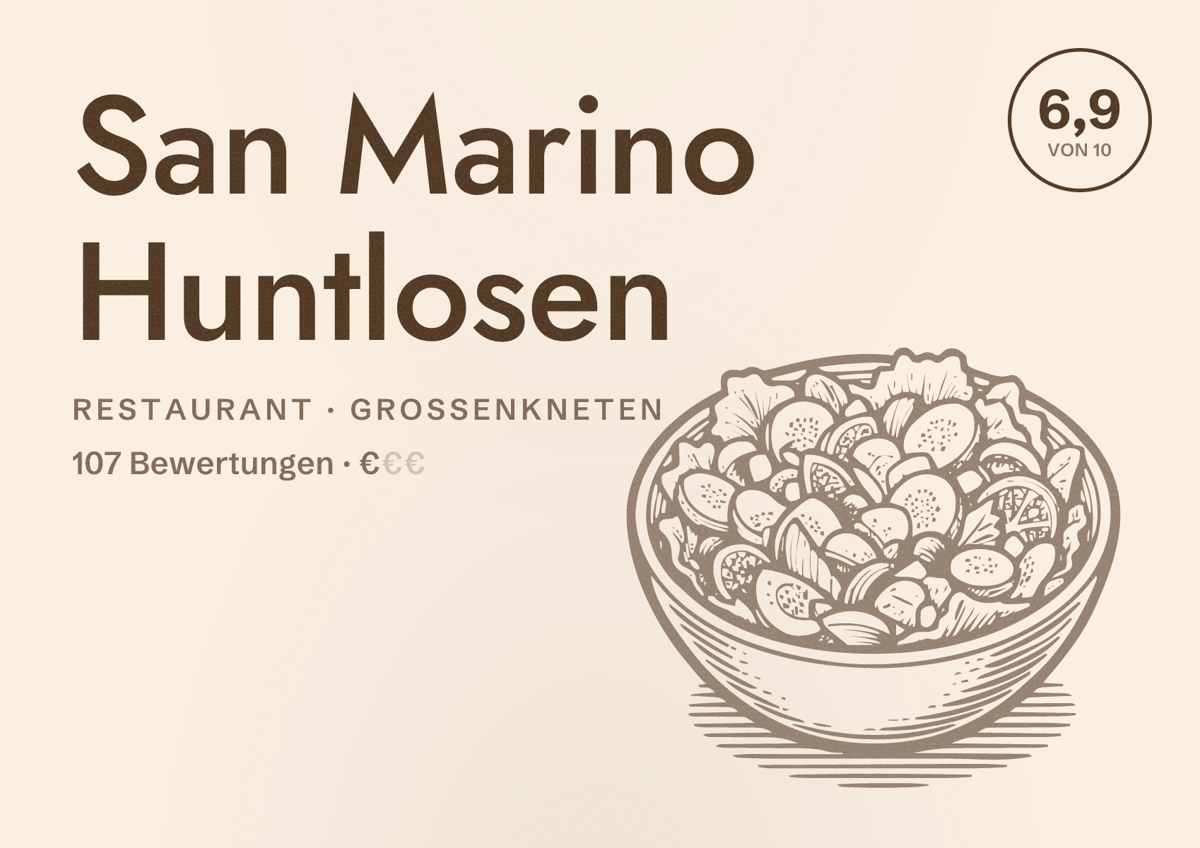 Illustriertes Poster von San Marino Huntlosen, Restaurant in Großenkneten: Bewertung 6,9 von 10 aus 107 Bewertungen, Preisniveau €