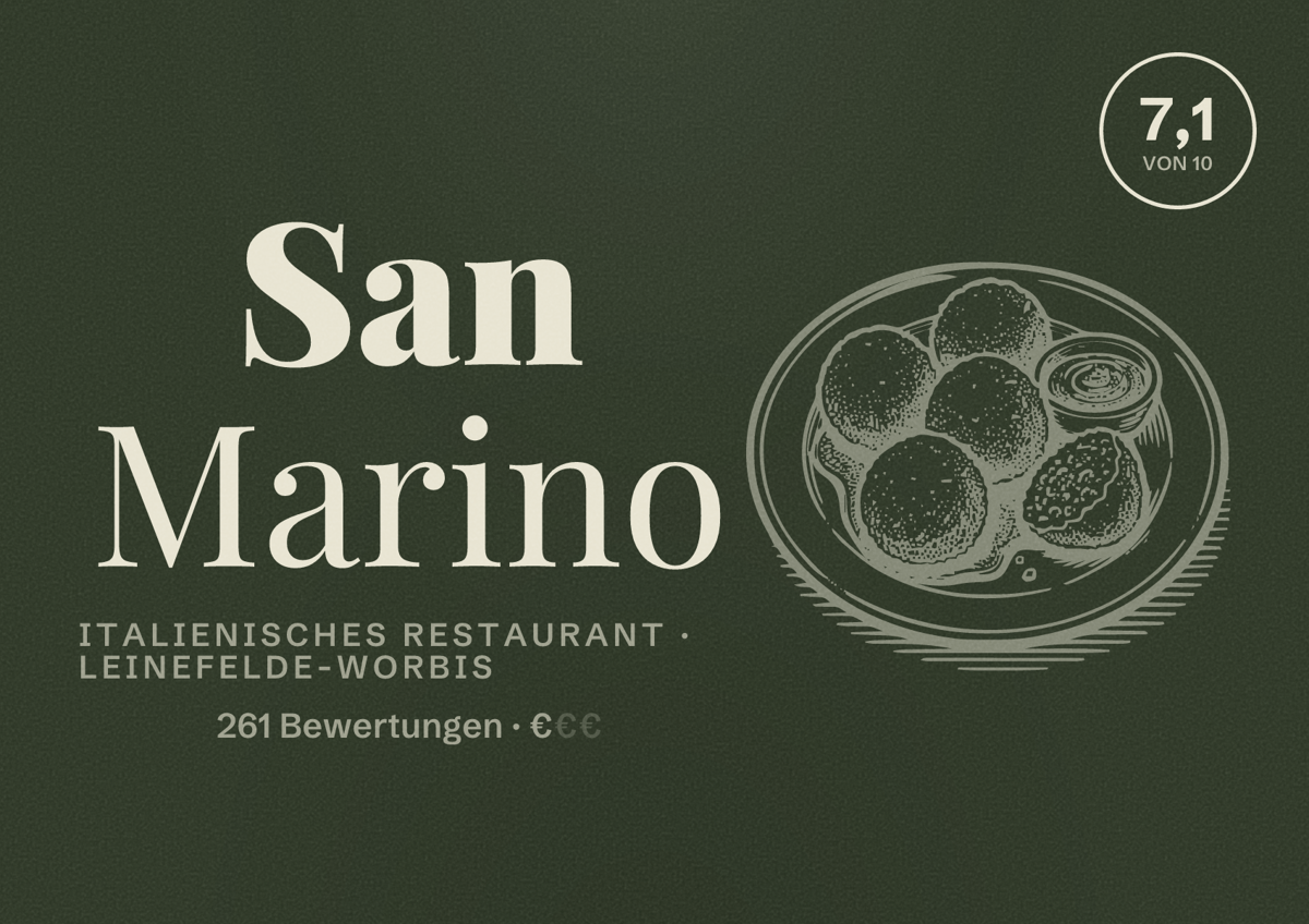 Illustriertes Poster von San Marino, Italienisches Restaurant in Leinefelde-Worbis: Bewertung 7,1 von 10 aus 261 Bewertungen, Preisniveau €