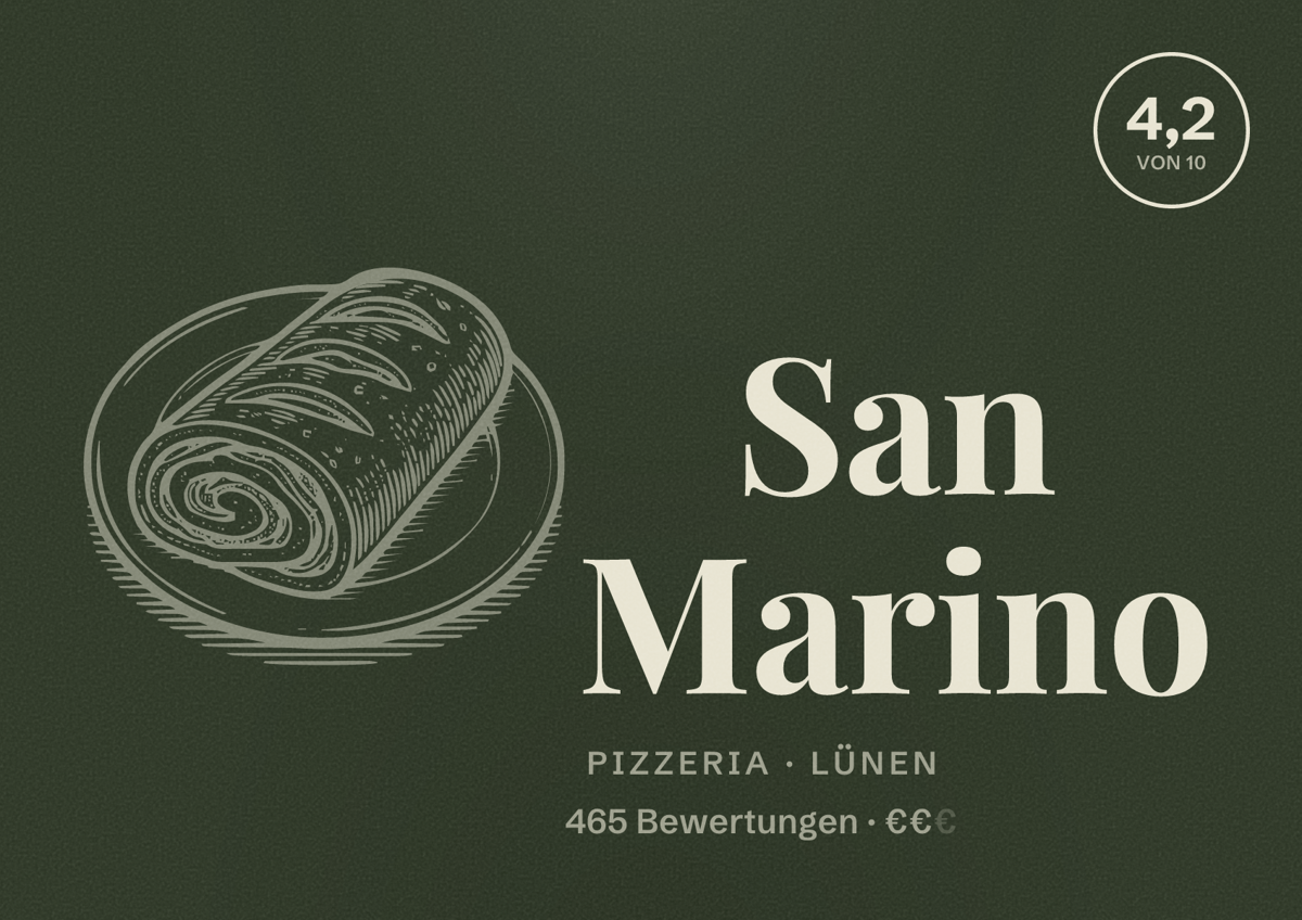Illustriertes Poster von San Marino, Pizzeria in Lünen: Bewertung 4,2 von 10 aus 465 Bewertungen, Preisniveau €€