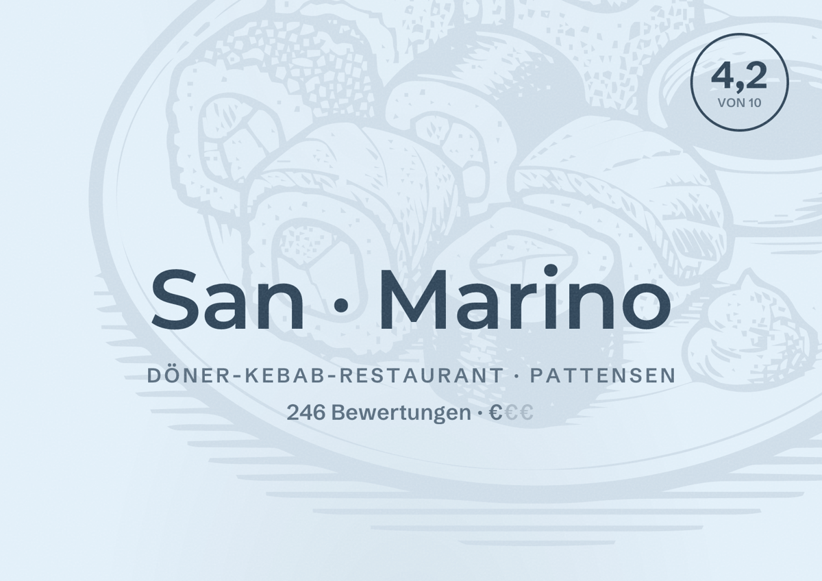 Illustriertes Poster von San Marino, Döner-Kebab-Restaurant in Pattensen: Bewertung 4,2 von 10 aus 246 Bewertungen, Preisniveau €