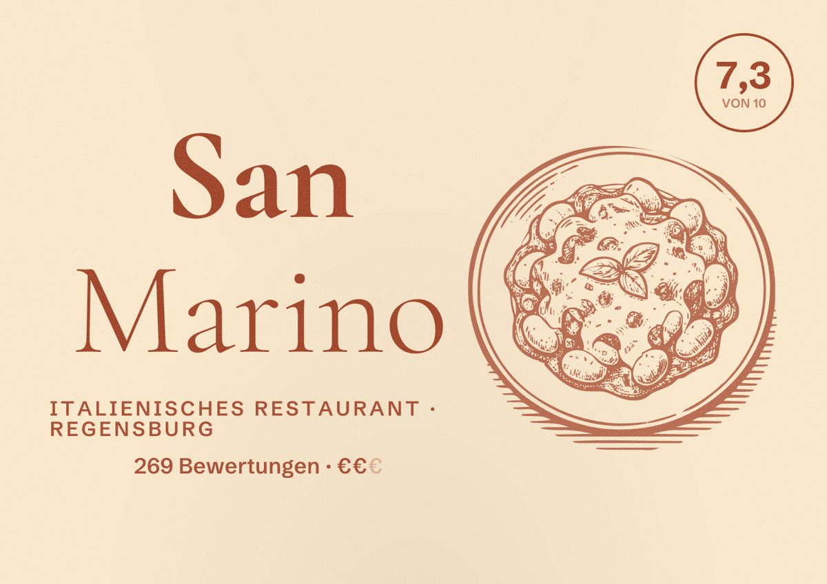Illustriertes Poster von San Marino, Italienisches Restaurant in Regensburg: Bewertung 7,3 von 10 aus 269 Bewertungen, Preisniveau €€