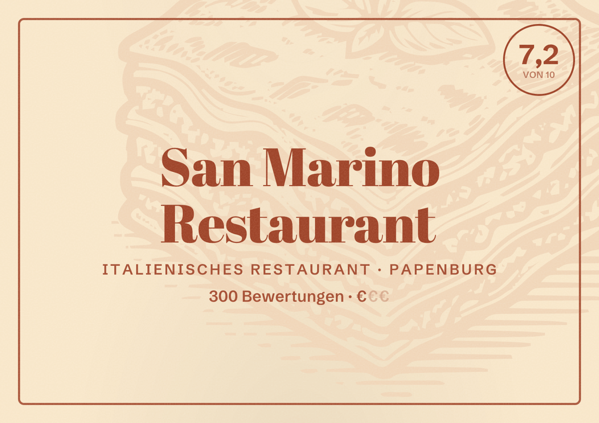 Illustriertes Poster von San Marino Restaurant, Italienisches Restaurant in Papenburg: Bewertung 7,2 von 10 aus 300 Bewertungen, Preisniveau €
