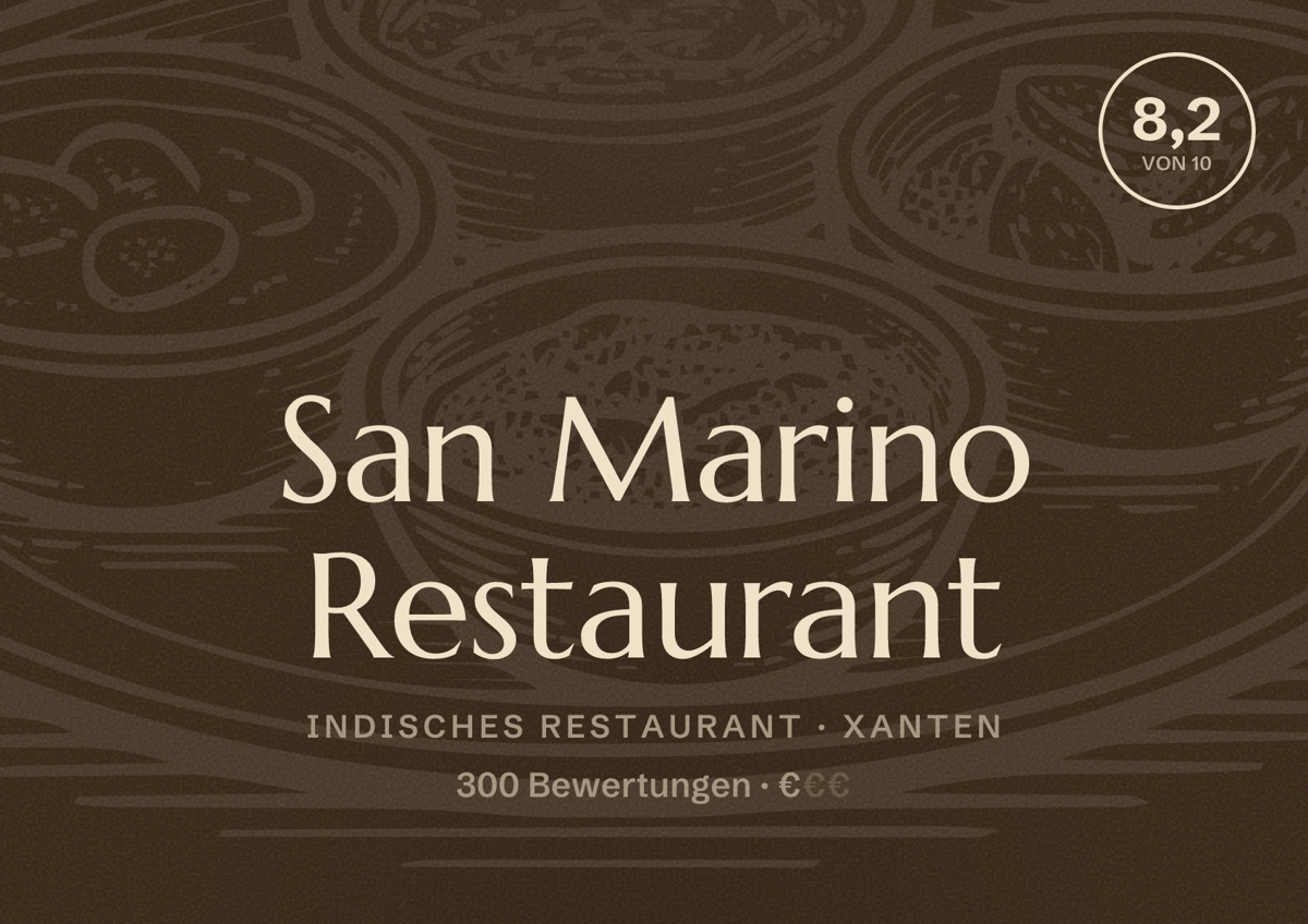 Illustriertes Poster von San Marino Restaurant, Indisches Restaurant in Xanten: Bewertung 8,2 von 10 aus 300 Bewertungen, Preisniveau €