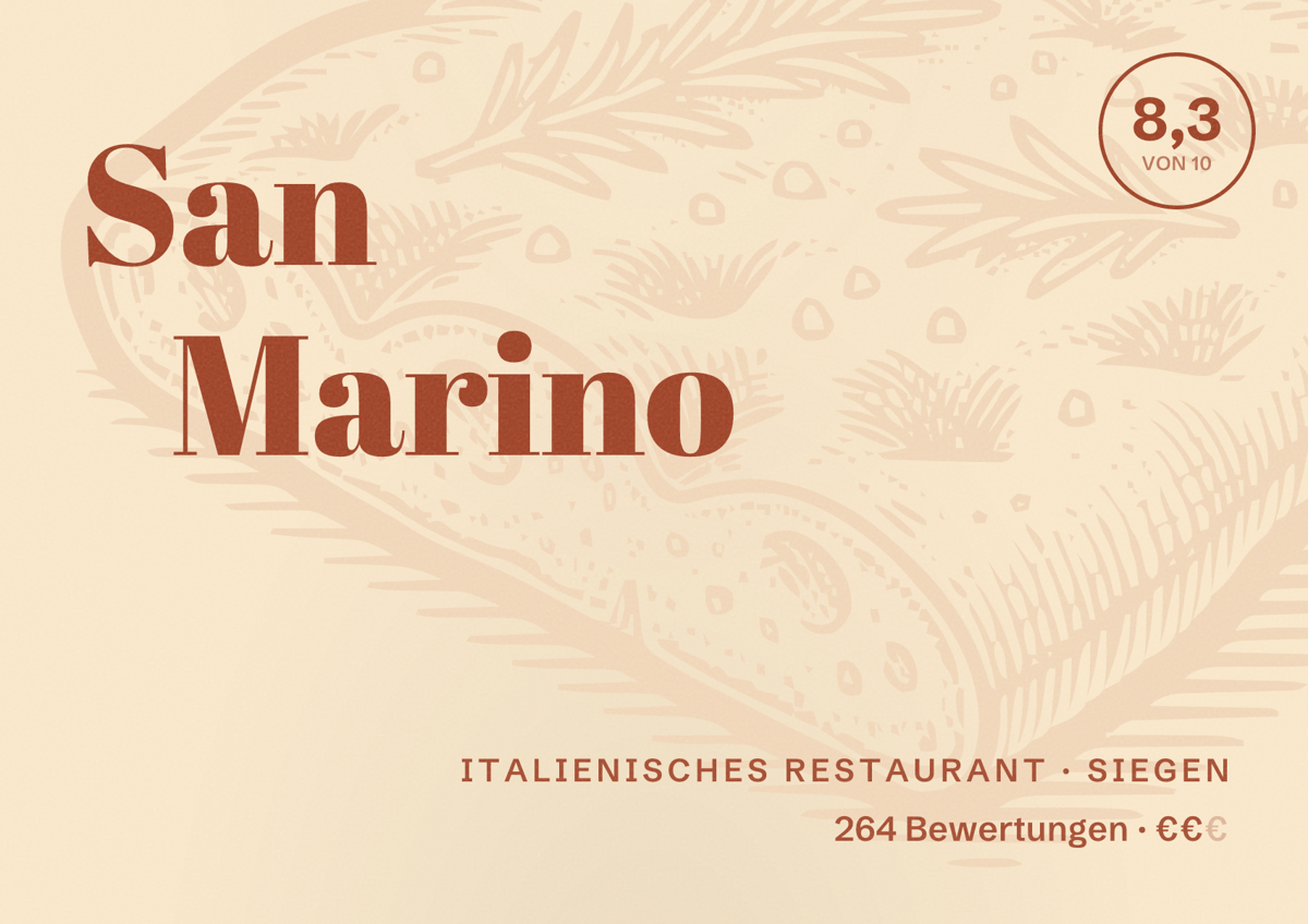 Illustriertes Poster von San Marino, Italienisches Restaurant in Siegen: Bewertung 8,3 von 10 aus 264 Bewertungen, Preisniveau €€