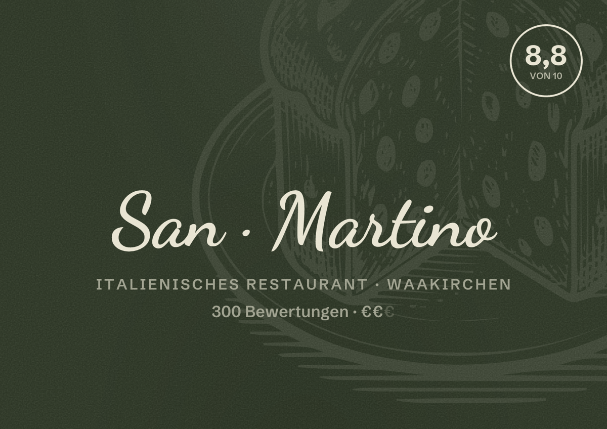Illustriertes Poster von San Martino, Italienisches Restaurant in Waakirchen: Bewertung 8,8 von 10 aus 300 Bewertungen, Preisniveau €€