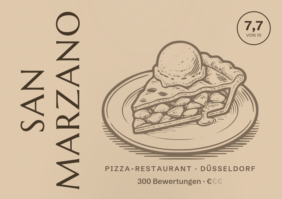 Illustriertes Poster von San Marzano, Pizza-Restaurant in Düsseldorf: Bewertung 7,7 von 10 aus 300 Bewertungen, Preisniveau €