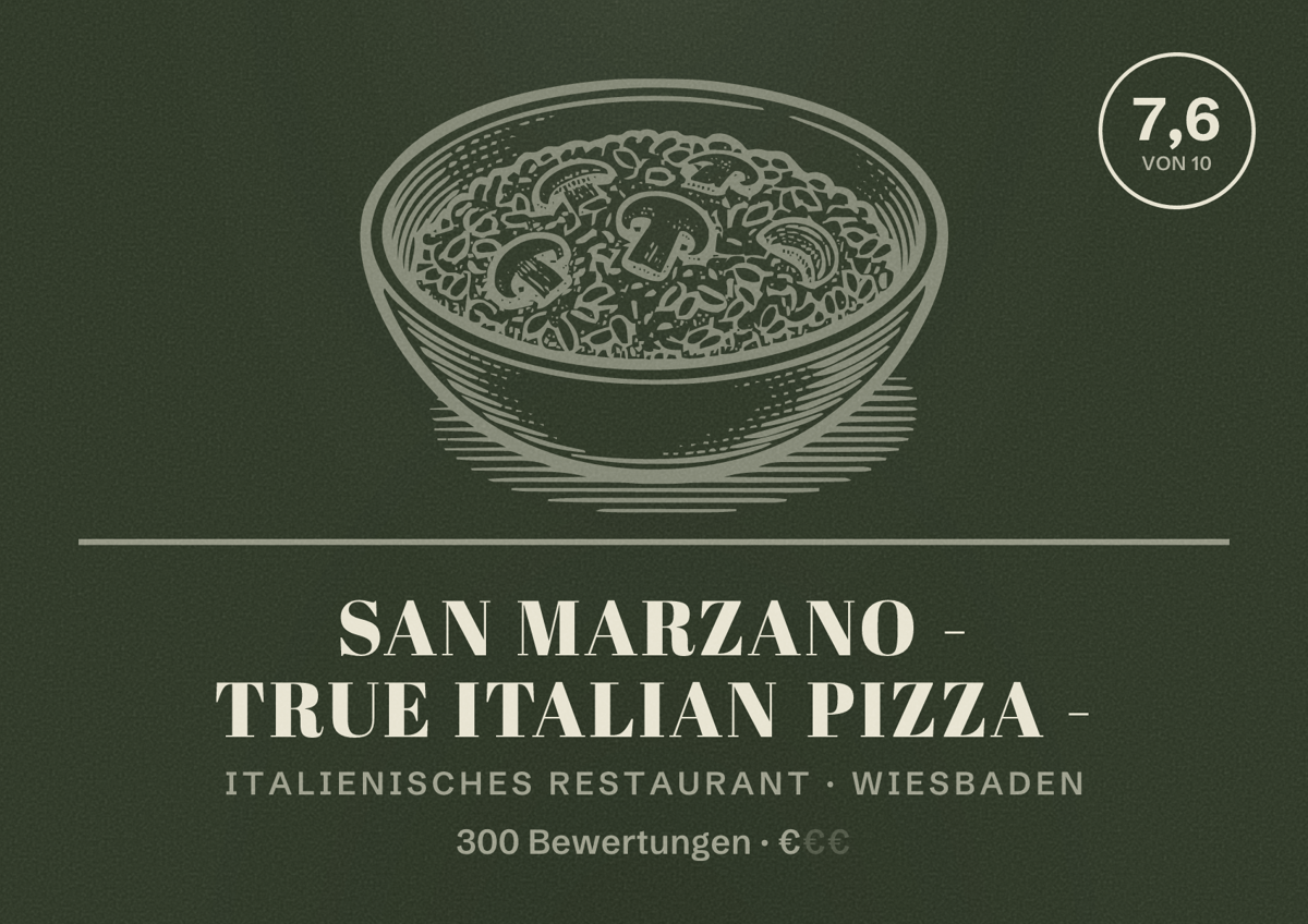 Illustriertes Poster von San Marzano - true italian pizza -, Italienisches Restaurant in Wiesbaden: Bewertung 7,6 von 10 aus 300 Bewertungen, Preisniveau €