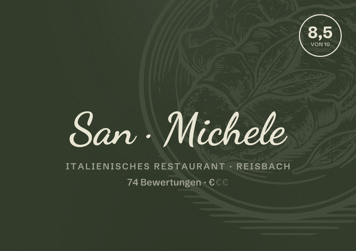Illustriertes Poster von San Michele, Italienisches Restaurant in Reisbach: Bewertung 8,5 von 10 aus 74 Bewertungen, Preisniveau €