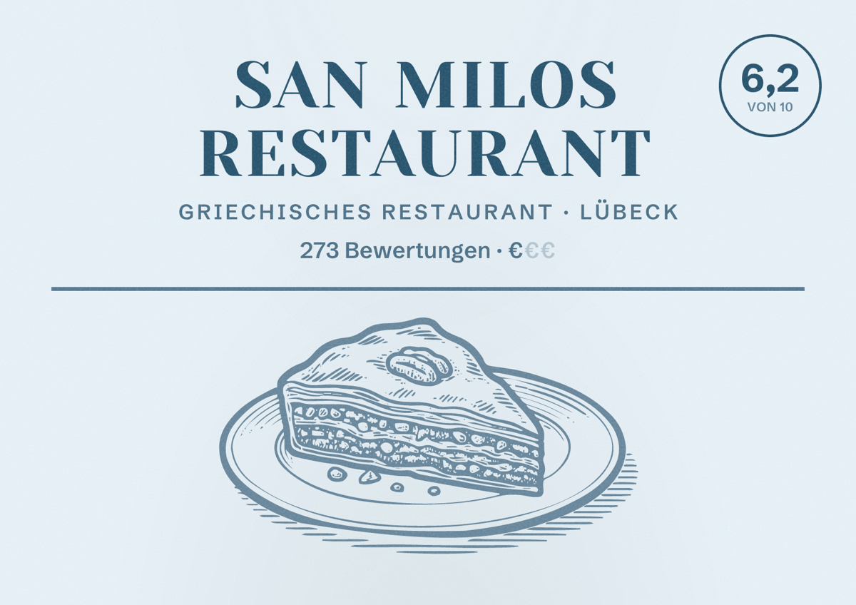 Illustriertes Poster von San Milos Restaurant, Griechisches Restaurant in Lübeck: Bewertung 6,2 von 10 aus 273 Bewertungen, Preisniveau €