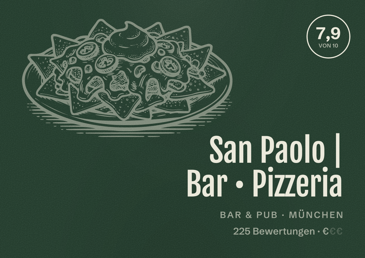 Illustriertes Poster von San Paolo | Bar • Pizzeria, Bar & Pub in München: Bewertung 7,9 von 10 aus 225 Bewertungen, Preisniveau €