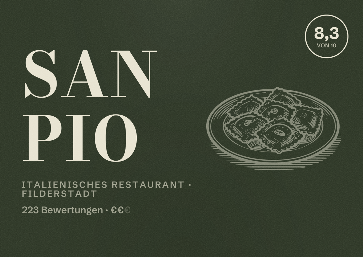 Illustriertes Poster von San Pio, Italienisches Restaurant in Filderstadt: Bewertung 8,3 von 10 aus 223 Bewertungen, Preisniveau €€