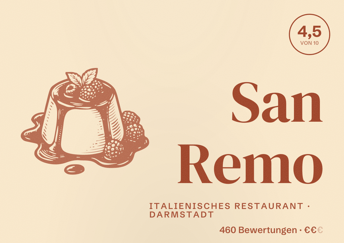 Illustriertes Poster von San Remo, Italienisches Restaurant in Darmstadt: Bewertung 4,5 von 10 aus 460 Bewertungen, Preisniveau €€