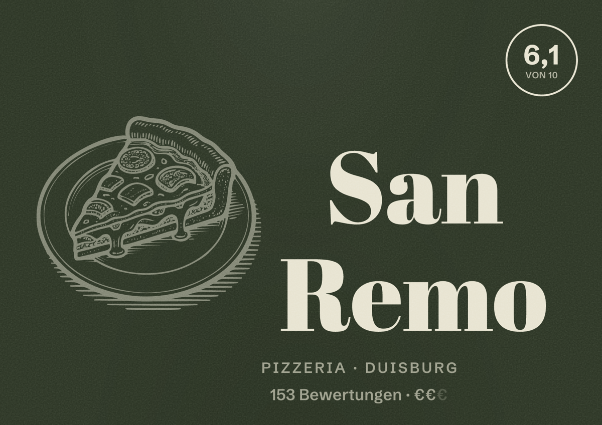 Illustriertes Poster von San Remo, Pizzeria in Duisburg: Bewertung 6,1 von 10 aus 153 Bewertungen, Preisniveau €€