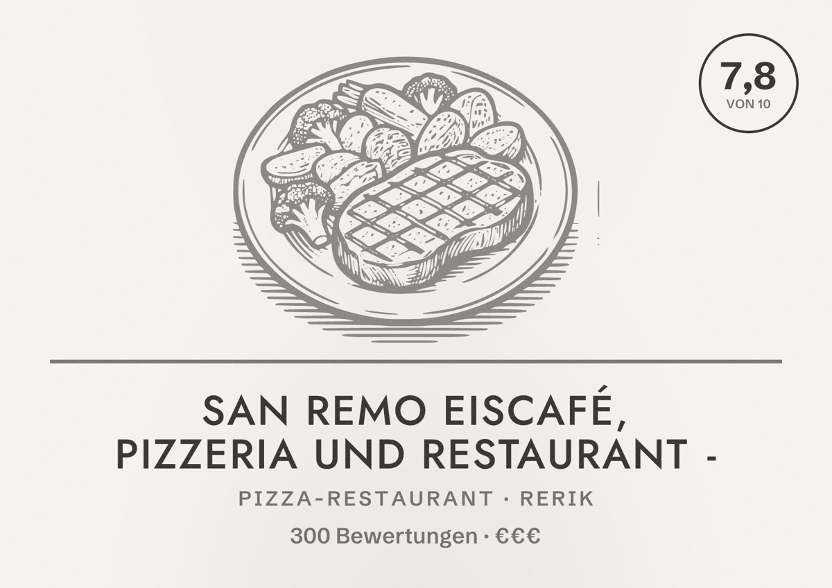 Illustriertes Poster von San Remo Eiscafé, Pizzeria und Restaurant -, Pizza-Restaurant in Rerik: Bewertung 7,8 von 10 aus 300 Bewertungen, Preisniveau €€€