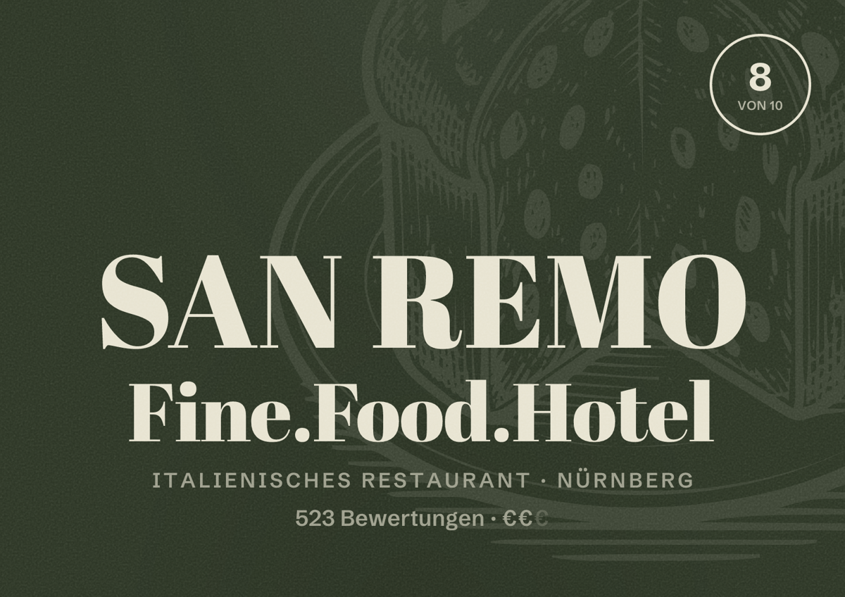 Illustriertes Poster von SAN REMO Fine.Food.Hotel, Italienisches Restaurant in Nürnberg: Bewertung 8,0 von 10 aus 523 Bewertungen, Preisniveau €€