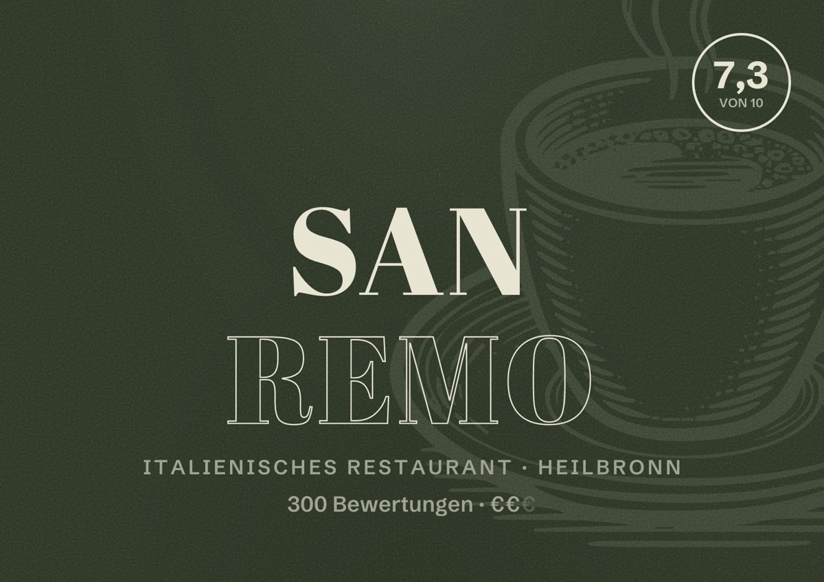 Illustriertes Poster von San Remo, Italienisches Restaurant in Heilbronn: Bewertung 7,3 von 10 aus 300 Bewertungen, Preisniveau €€