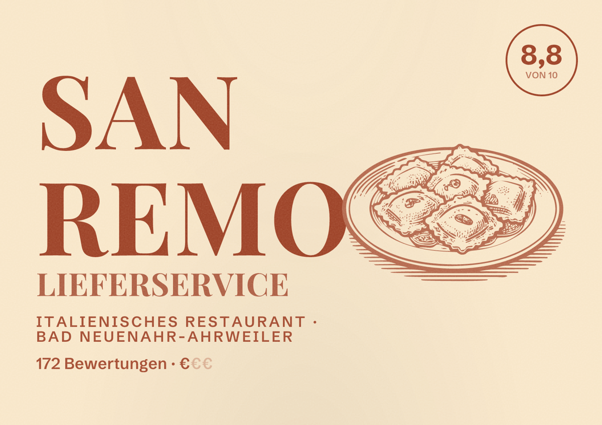 Illustriertes Poster von San Remo Lieferservice, Italienisches Restaurant in Bad Neuenahr-Ahrweiler: Bewertung 8,8 von 10 aus 172 Bewertungen, Preisniveau €