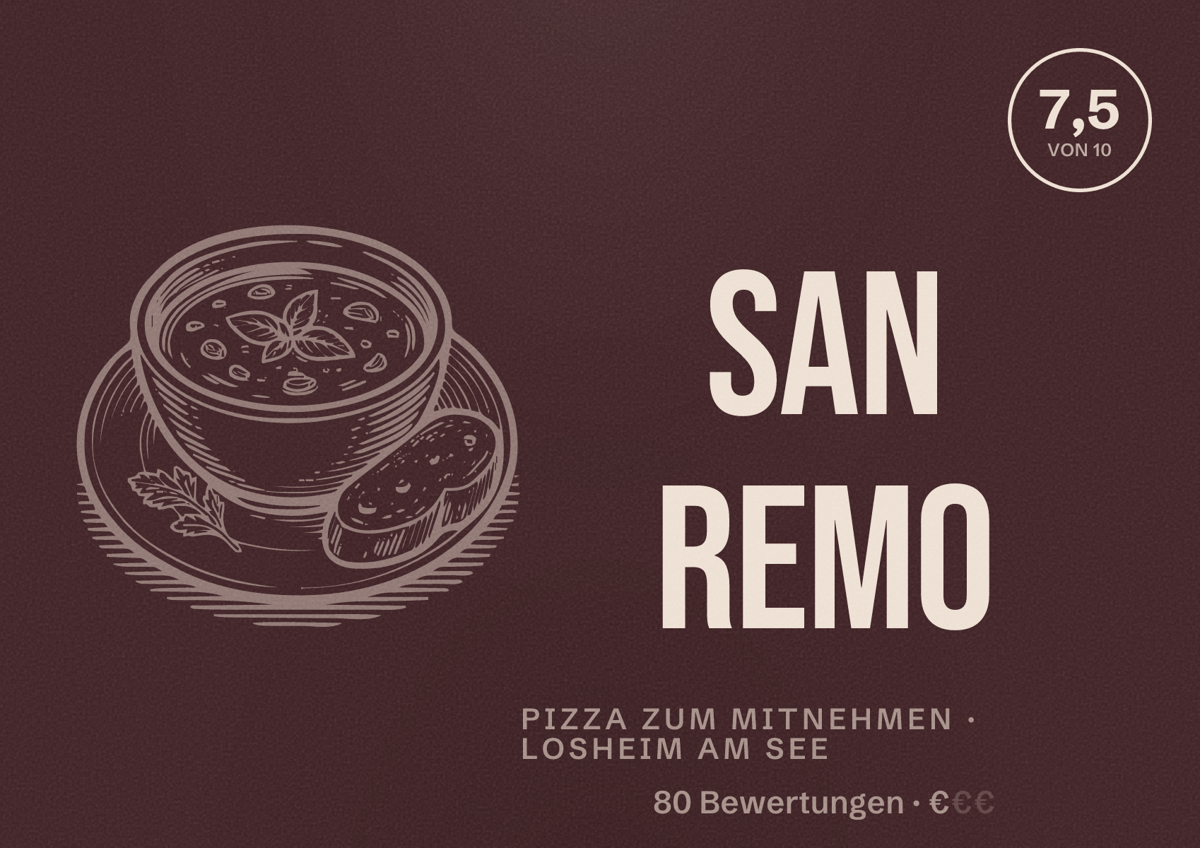 Illustriertes Poster von San Remo, Pizza zum Mitnehmen in Losheim am See: Bewertung 7,5 von 10 aus 80 Bewertungen, Preisniveau €