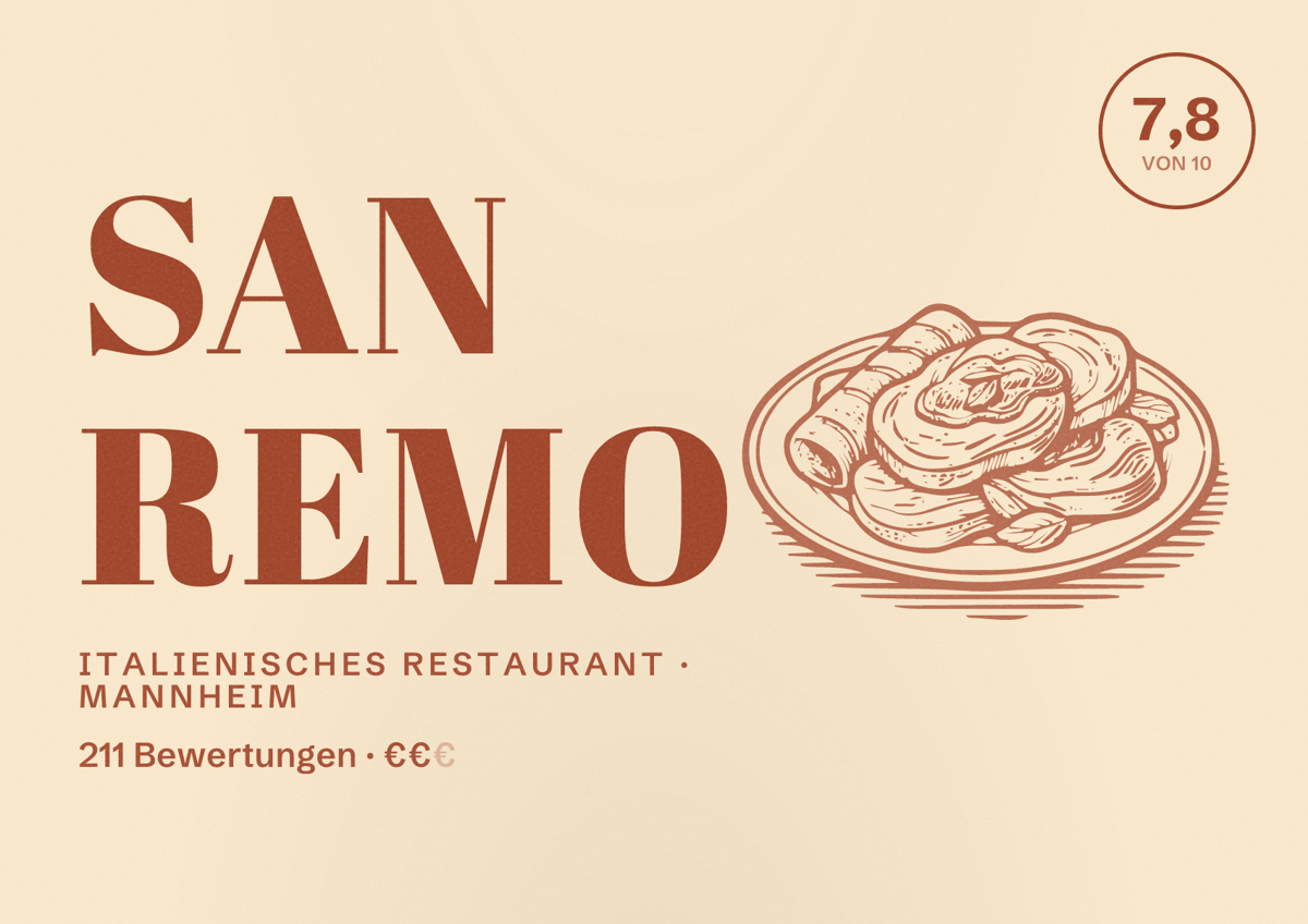 Illustriertes Poster von San Remo, Italienisches Restaurant in Mannheim: Bewertung 7,8 von 10 aus 211 Bewertungen, Preisniveau €€