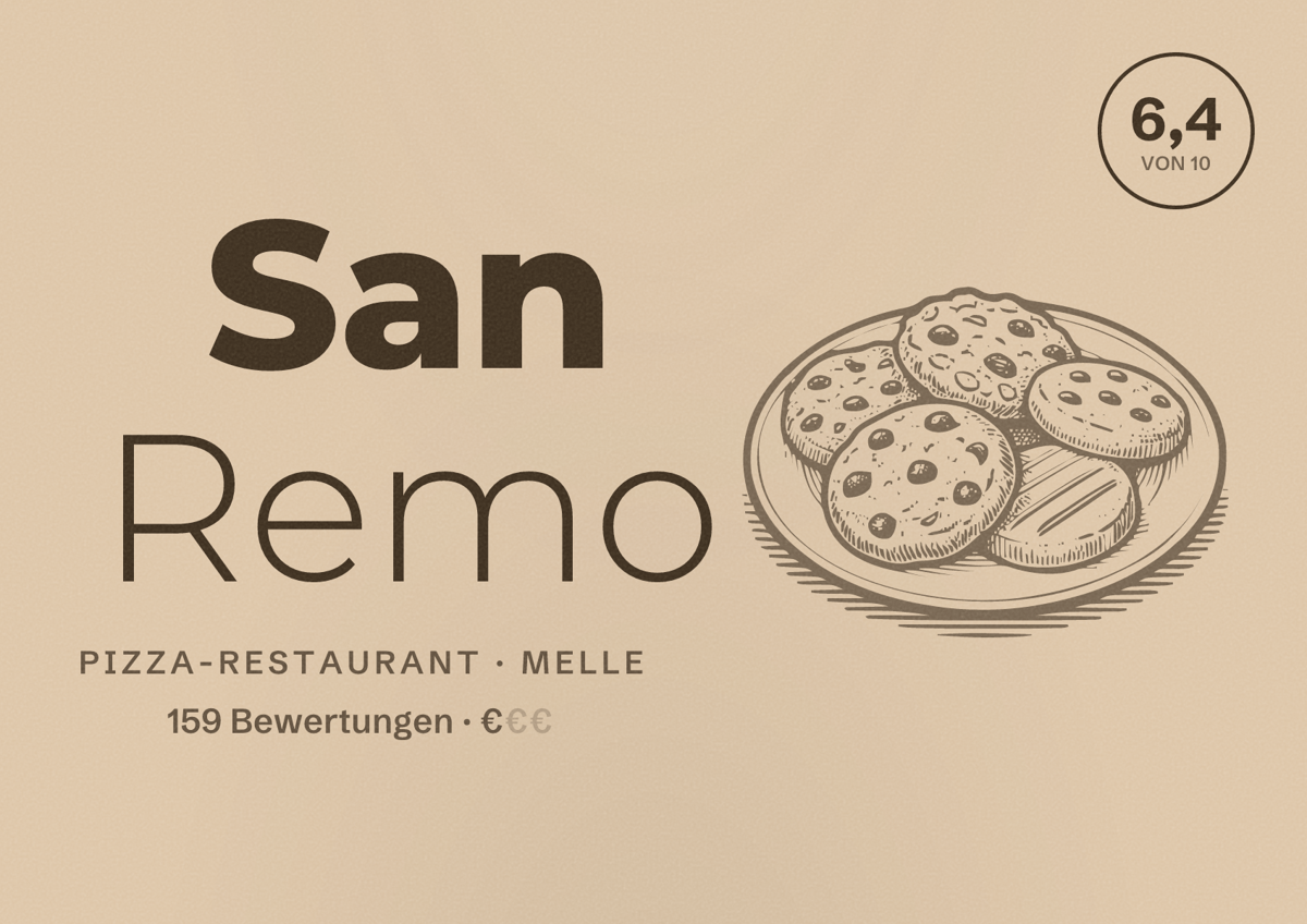 Illustriertes Poster von San Remo, Pizza-Restaurant in Melle: Bewertung 6,4 von 10 aus 159 Bewertungen, Preisniveau €
