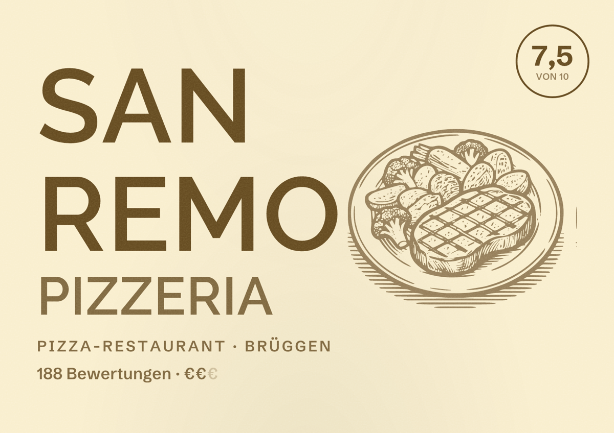 Illustriertes Poster von San Remo Pizzeria, Pizza-Restaurant in Brüggen: Bewertung 7,5 von 10 aus 188 Bewertungen, Preisniveau €€