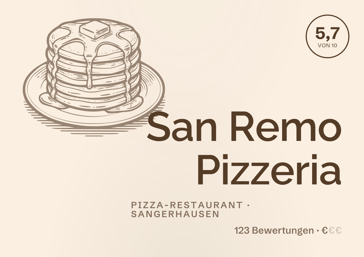Illustriertes Poster von San Remo Pizzeria, Pizza-Restaurant in Sangerhausen: Bewertung 5,7 von 10 aus 123 Bewertungen, Preisniveau €