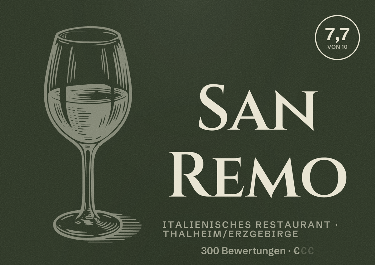 Illustriertes Poster von San Remo, Italienisches Restaurant in Thalheim/Erzgebirge: Bewertung 7,7 von 10 aus 300 Bewertungen, Preisniveau €