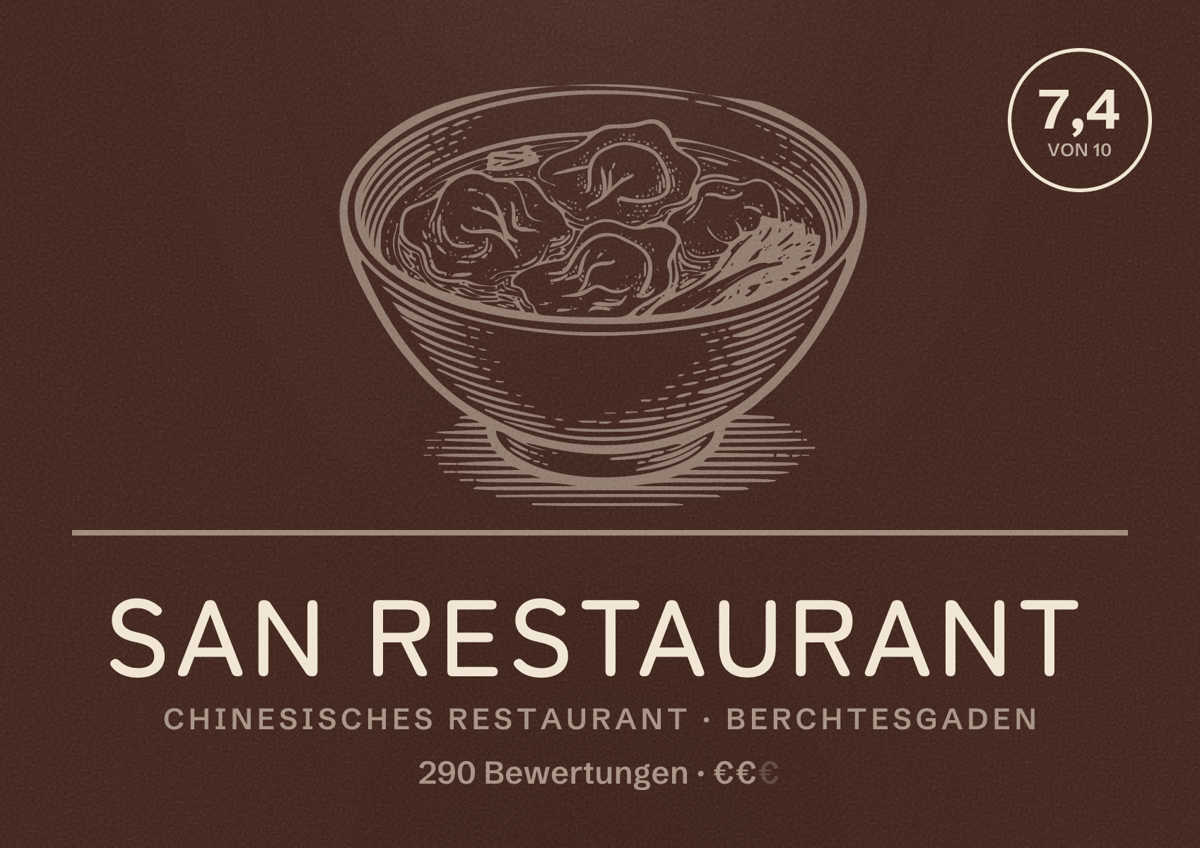 Illustriertes Poster von San Restaurant, Chinesisches Restaurant in Berchtesgaden: Bewertung 7,4 von 10 aus 290 Bewertungen, Preisniveau €€