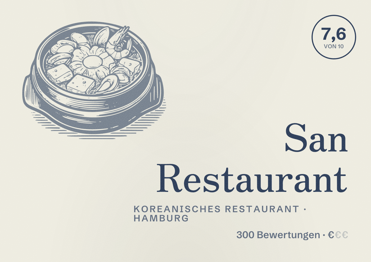 Illustriertes Poster von San Restaurant, Koreanisches Restaurant in Hamburg: Bewertung 7,6 von 10 aus 300 Bewertungen, Preisniveau €