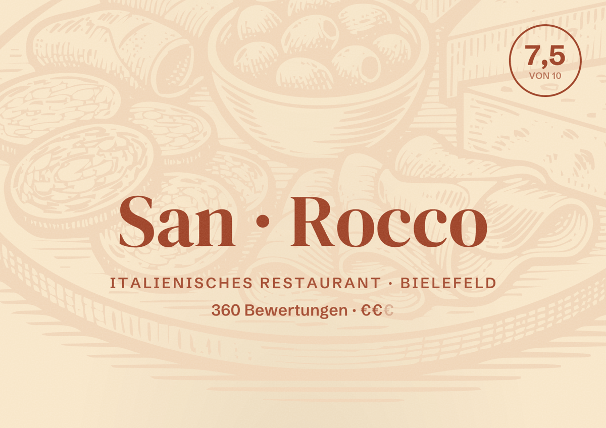 Illustriertes Poster von San Rocco, Italienisches Restaurant in Bielefeld: Bewertung 7,5 von 10 aus 360 Bewertungen, Preisniveau €€