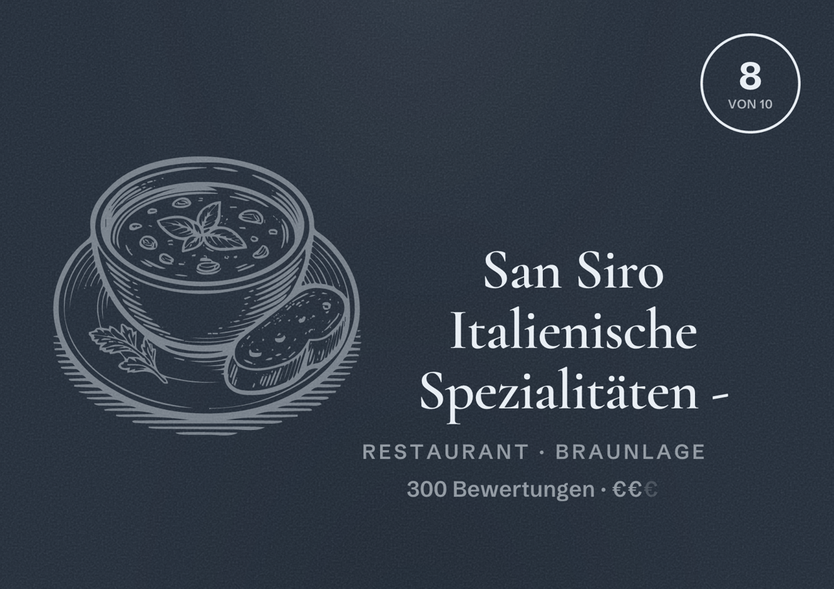 Illustriertes Poster von San Siro Italienische Spezialitäten -, Restaurant in Braunlage: Bewertung 8 von 10 aus 300 Bewertungen, Preisniveau €€