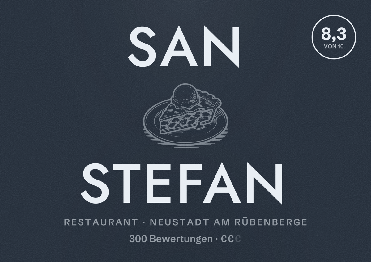 Illustriertes Poster von San Stefan, Restaurant in Neustadt am Rübenberge: Bewertung 8,3 von 10 aus 300 Bewertungen, Preisniveau €€