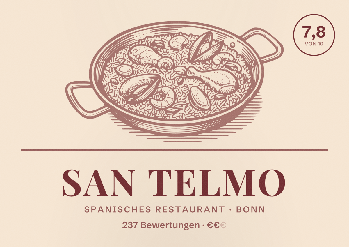 Illustriertes Poster von San Telmo, Spanisches Restaurant in Bonn: Bewertung 7,8 von 10 aus 237 Bewertungen, Preisniveau €€