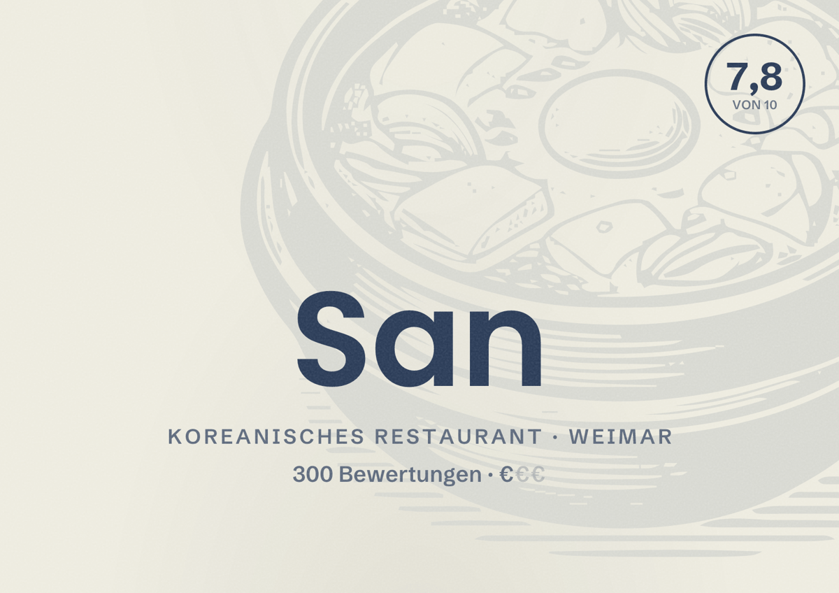 Illustriertes Poster von San, Koreanisches Restaurant in Weimar: Bewertung 7,8 von 10 aus 300 Bewertungen, Preisniveau €
