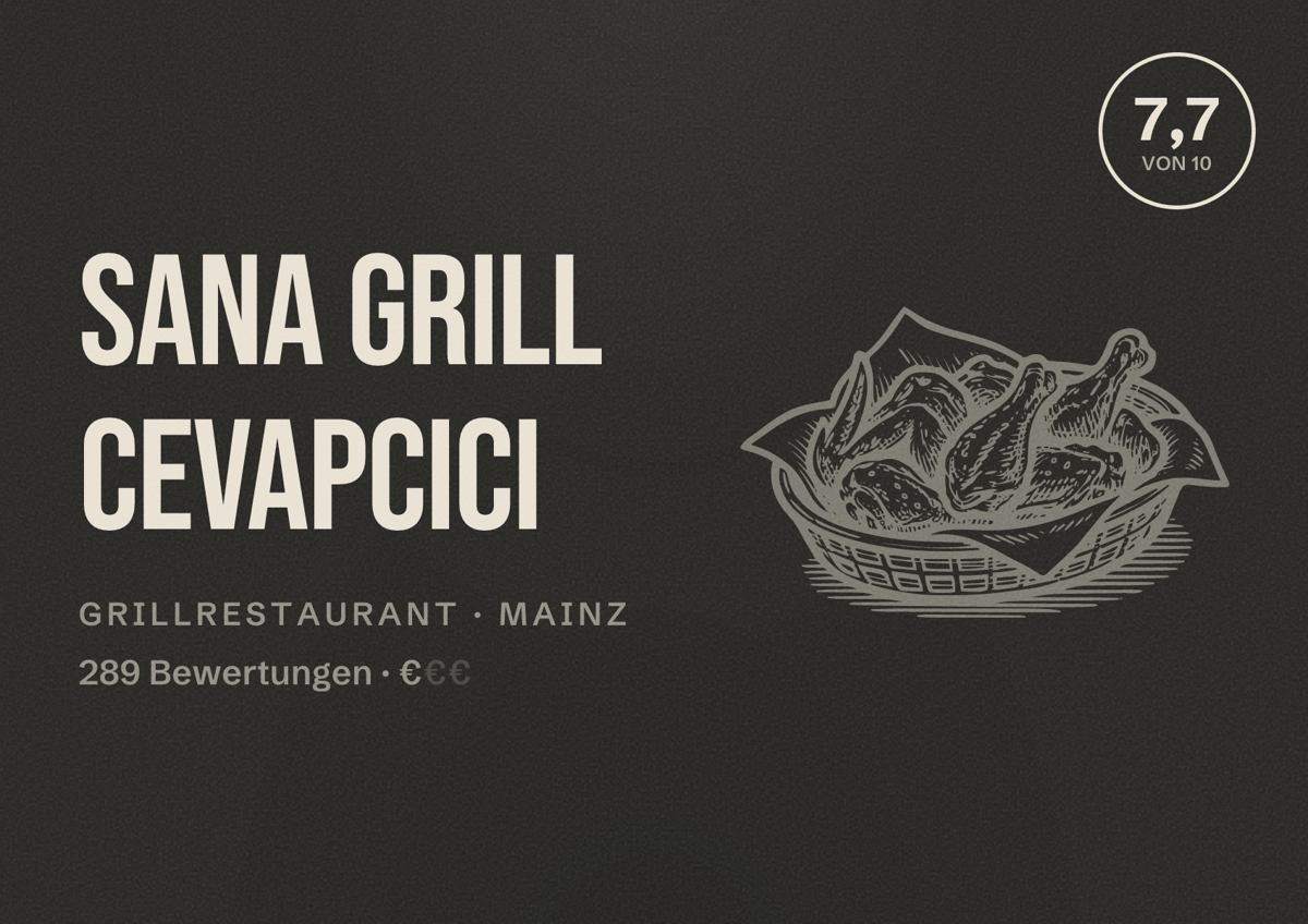 Illustriertes Poster von Sana Grill Cevapcici, Grillrestaurant in Mainz: Bewertung 7,7 von 10 aus 289 Bewertungen, Preisniveau €