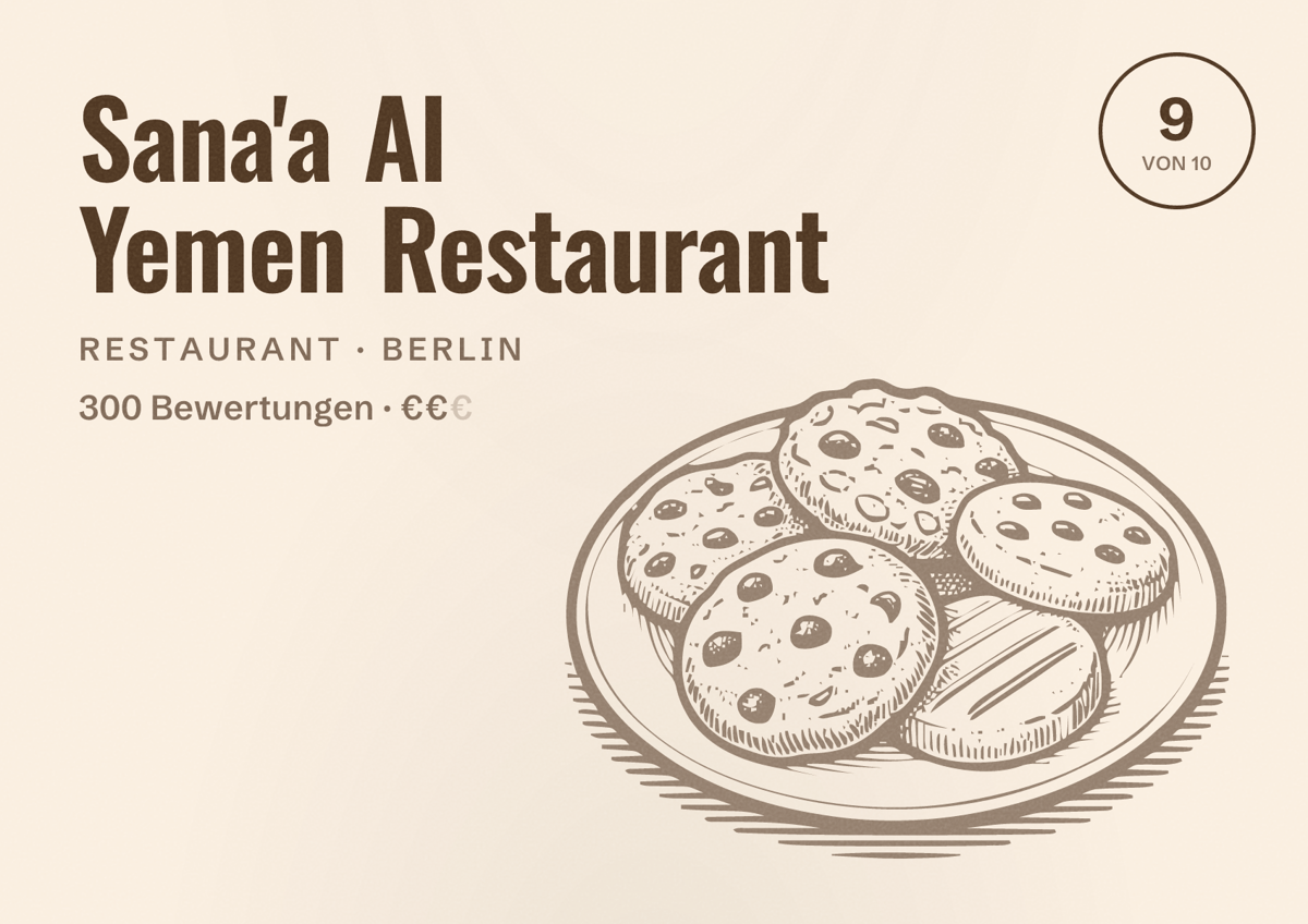 Illustriertes Poster von Sana'a Al Yemen Restaurant, Restaurant in Berlin: Bewertung 9,0 von 10 aus 300 Bewertungen, Preisniveau €€