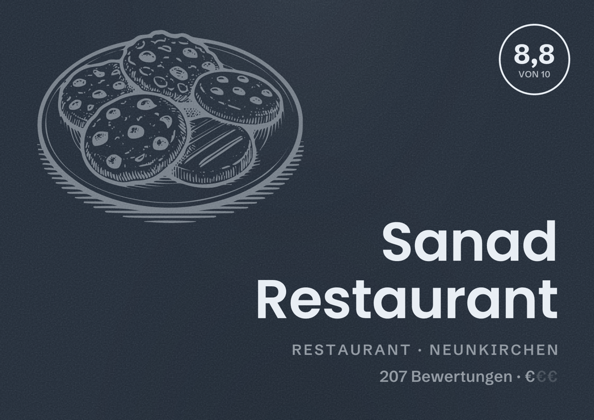 Illustriertes Poster von Sanad Restaurant, Restaurant in Neunkirchen: Bewertung 8,8 von 10 aus 207 Bewertungen, Preisniveau €