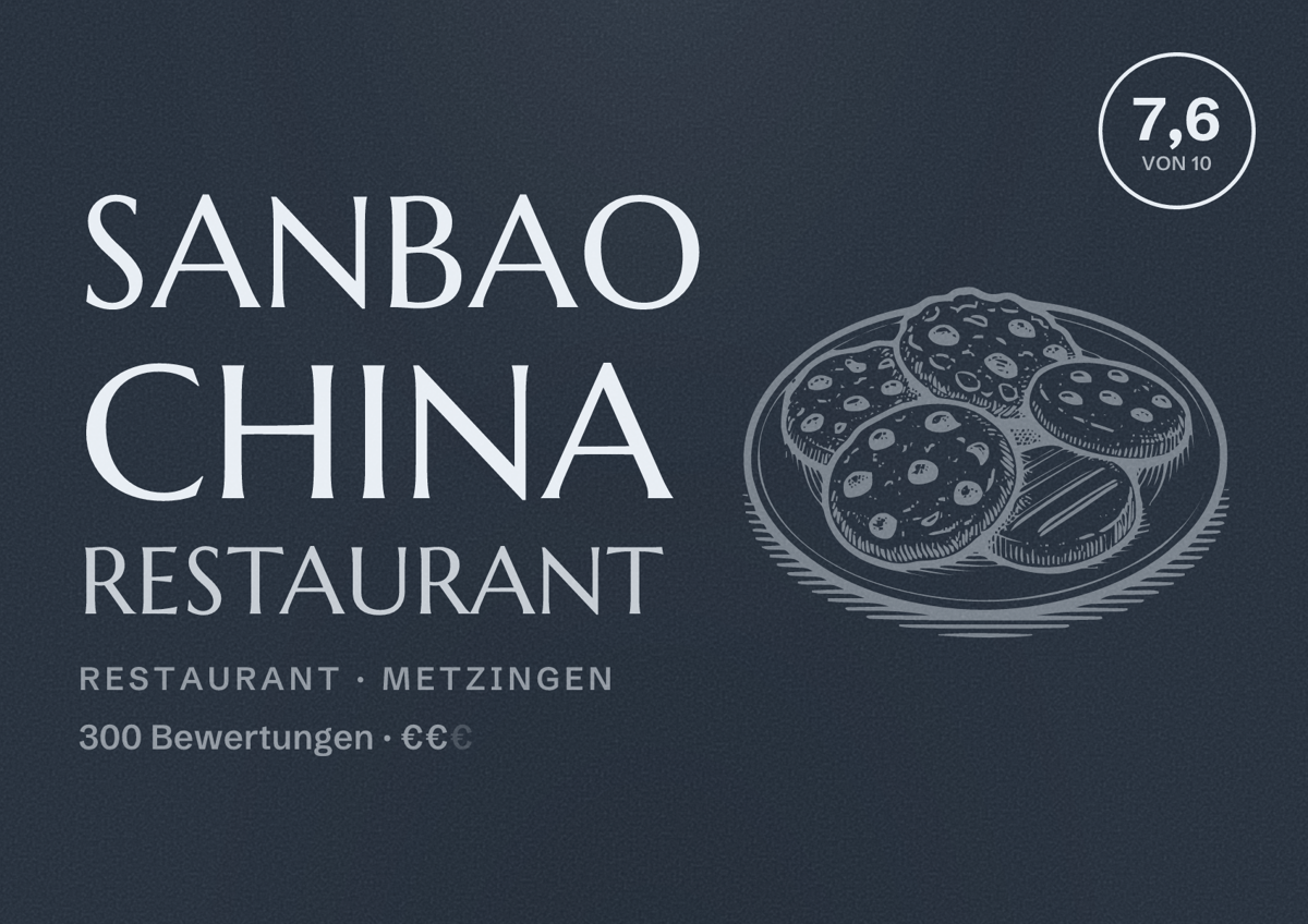Illustriertes Poster von Sanbao China Restaurant, Restaurant in Metzingen: Bewertung 7,6 von 10 aus 300 Bewertungen, Preisniveau €€