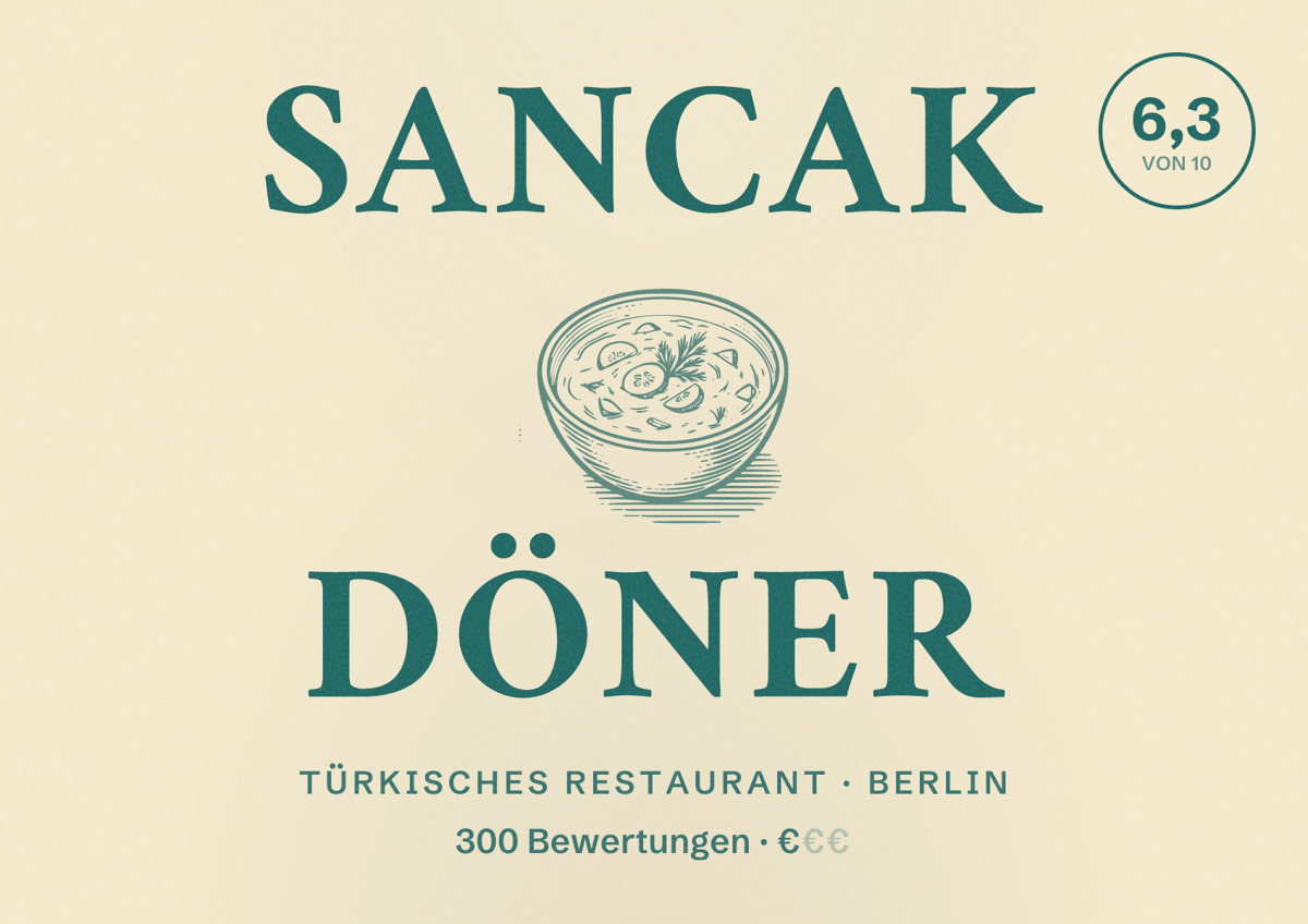 Illustriertes Poster von Sancak Döner, Türkisches Restaurant in Berlin: Bewertung 6,3 von 10 aus 300 Bewertungen, Preisniveau €