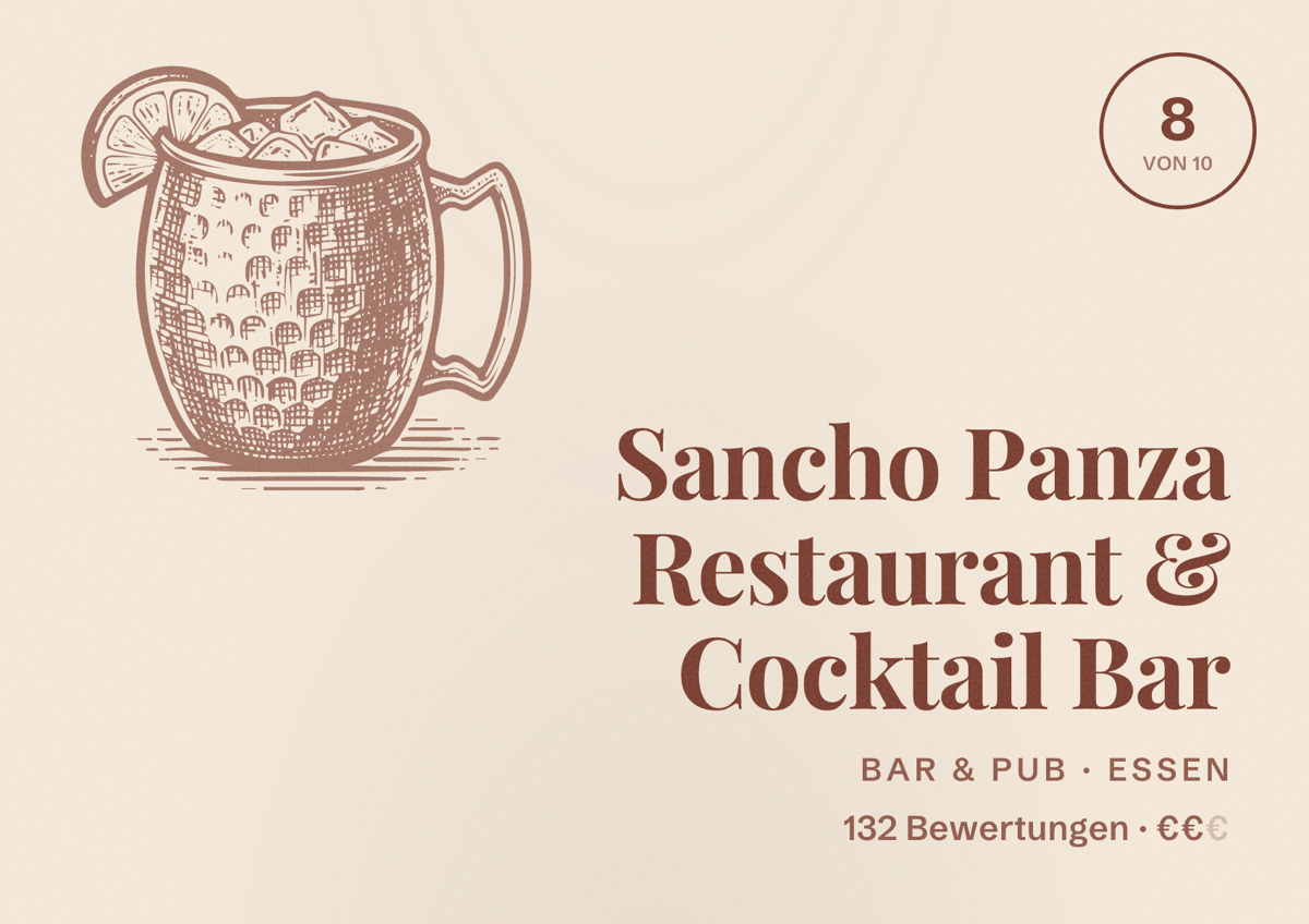 Illustriertes Poster von Sancho Panza Restaurant & Cocktail Bar, Bar & Pub in Essen: Bewertung 8 von 10 aus 132 Bewertungen, Preisniveau €€