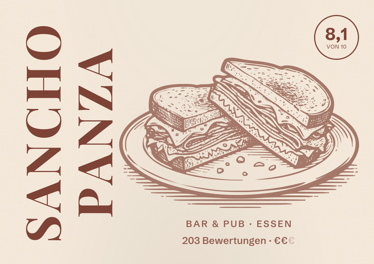 Illustriertes Poster von Sancho Panza, Bar & Pub in Essen: Bewertung 8,1 von 10 aus 203 Bewertungen, Preisniveau €€