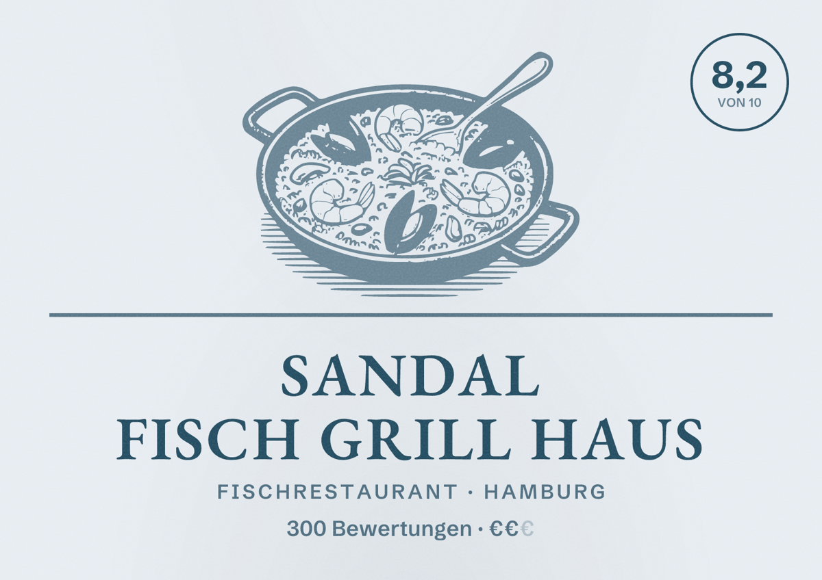 Illustriertes Poster von Sandal Fisch Grill Haus, Fischrestaurant in Hamburg: Bewertung 8,2 von 10 aus 300 Bewertungen, Preisniveau €€