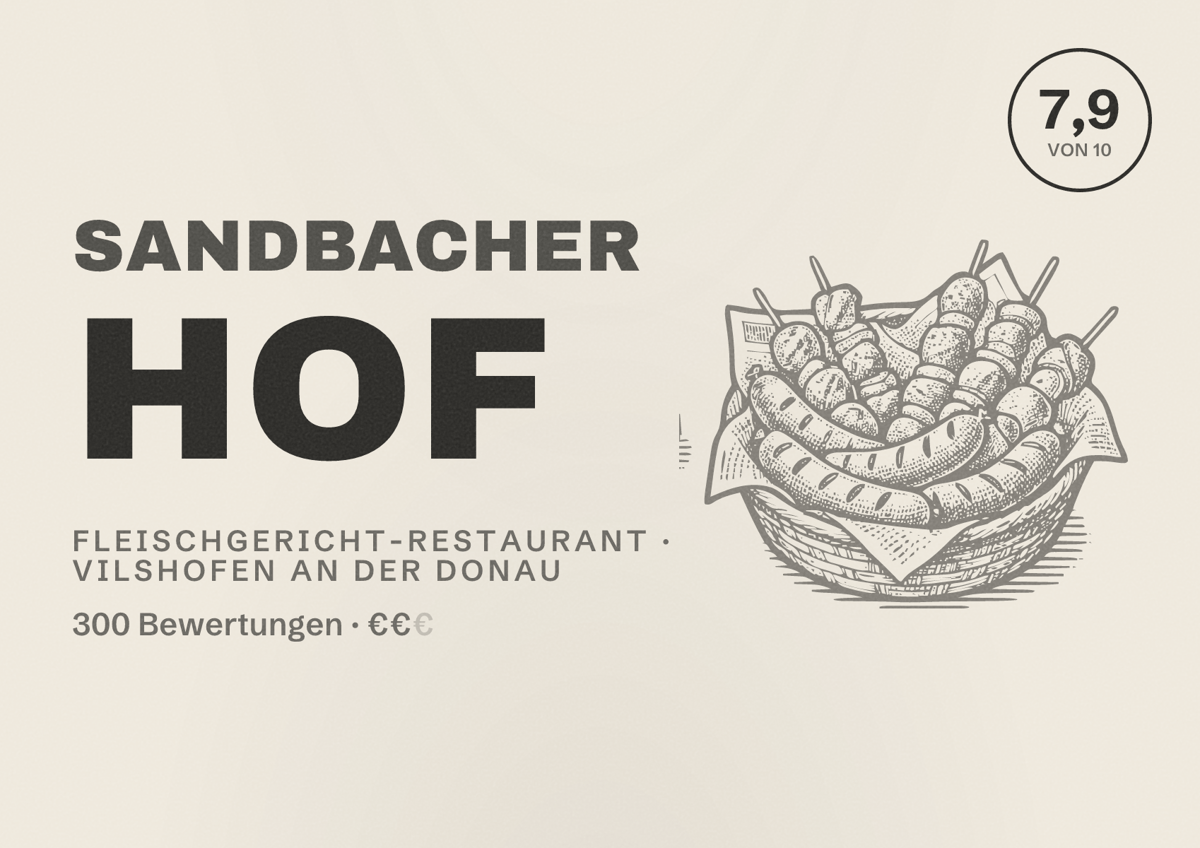 Illustriertes Poster von Sandbacher Hof, Fleischgericht-Restaurant in Vilshofen an der Donau: Bewertung 7,9 von 10 aus 300 Bewertungen, Preisniveau €€