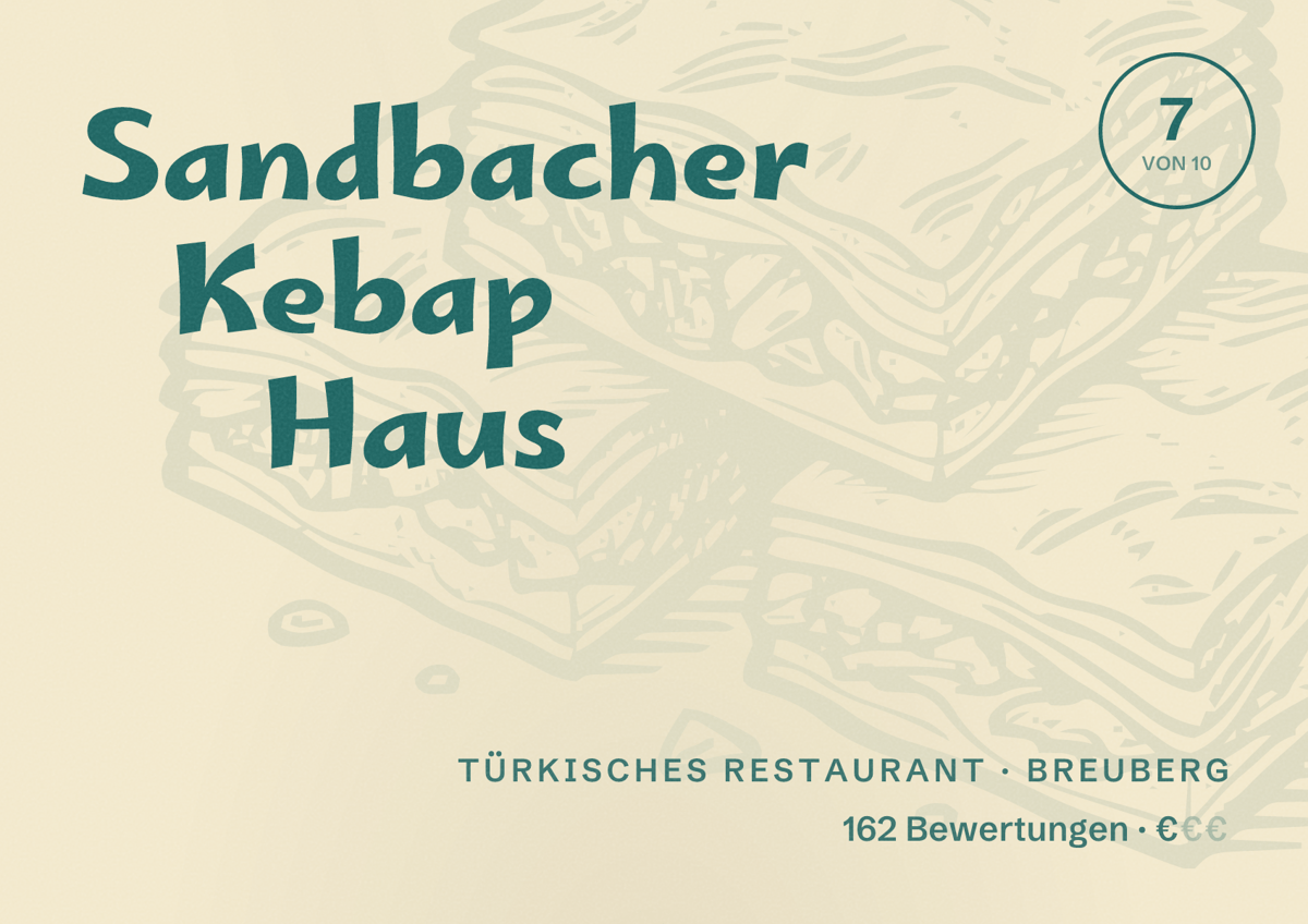 Illustriertes Poster von Sandbacher Kebap Haus, Türkisches Restaurant in Breuberg: Bewertung 7 von 10 aus 162 Bewertungen, Preisniveau €