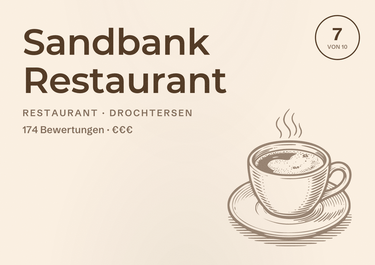 Illustriertes Poster von Sandbank Restaurant, Restaurant in Drochtersen: Bewertung 7 von 10 aus 174 Bewertungen, Preisniveau €€€
