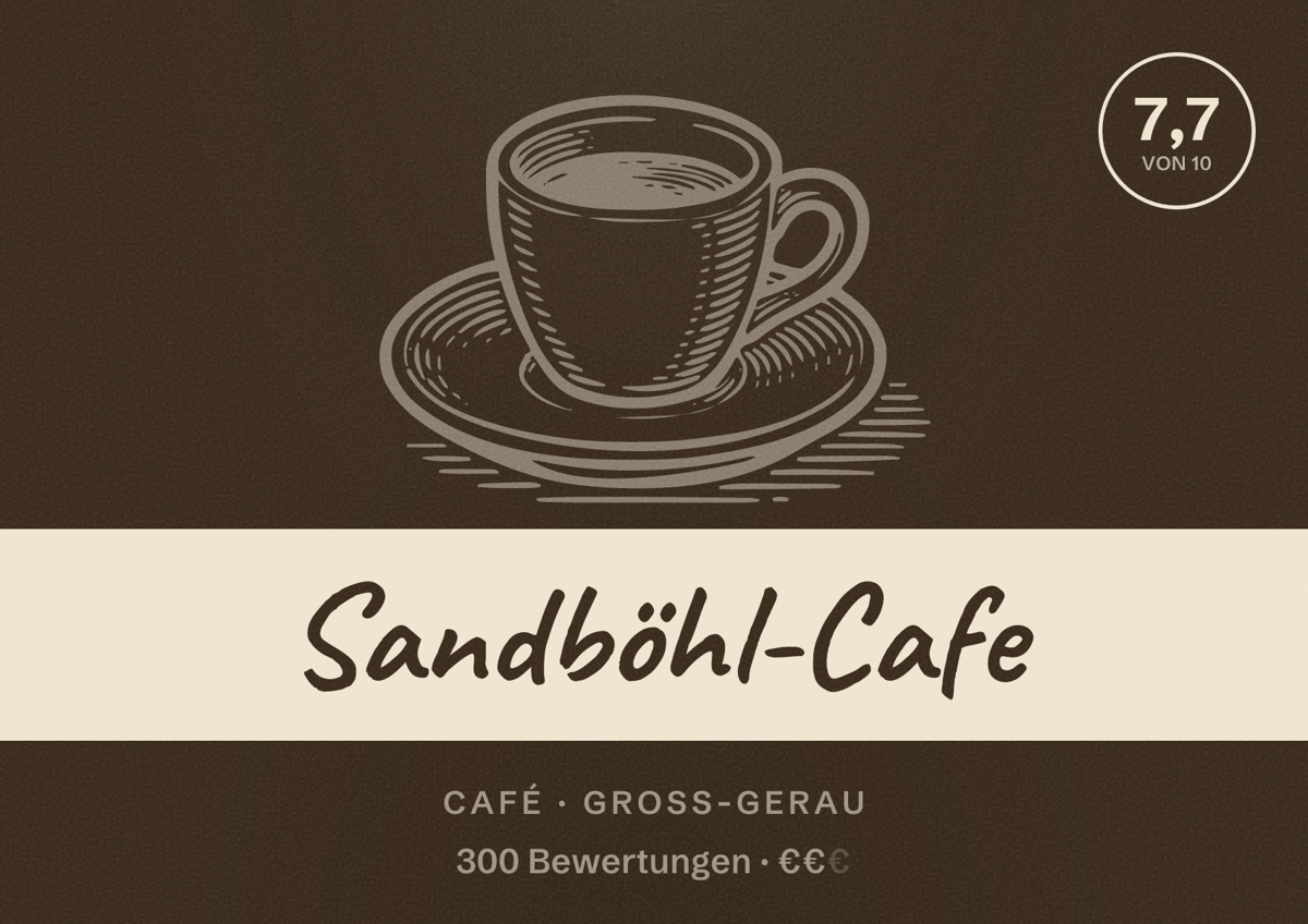 Illustriertes Poster von Sandböhl-Cafe, Café in Groß-Gerau: Bewertung 7,7 von 10 aus 300 Bewertungen, Preisniveau €€