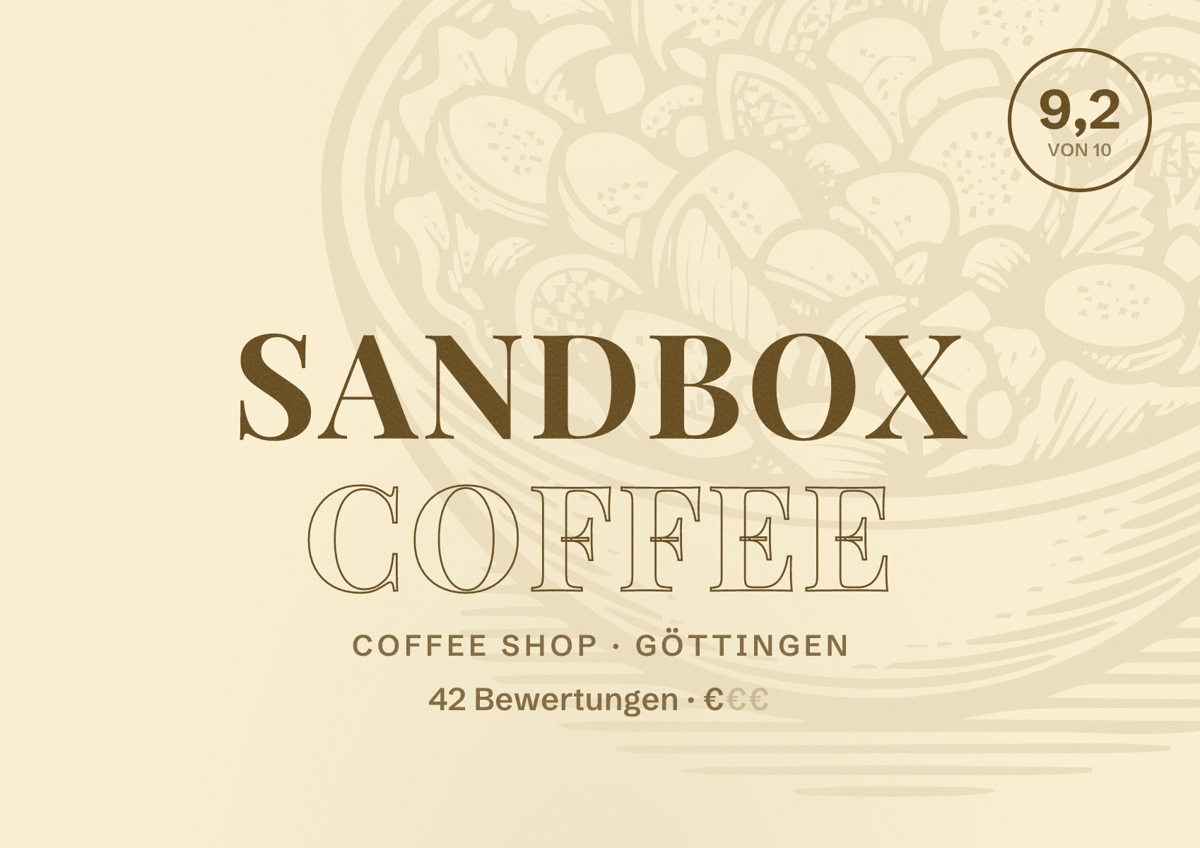 Illustriertes Poster von Sandbox Coffee, Coffee Shop in Göttingen: Bewertung 9,2 von 10 aus 42 Bewertungen, Preisniveau €