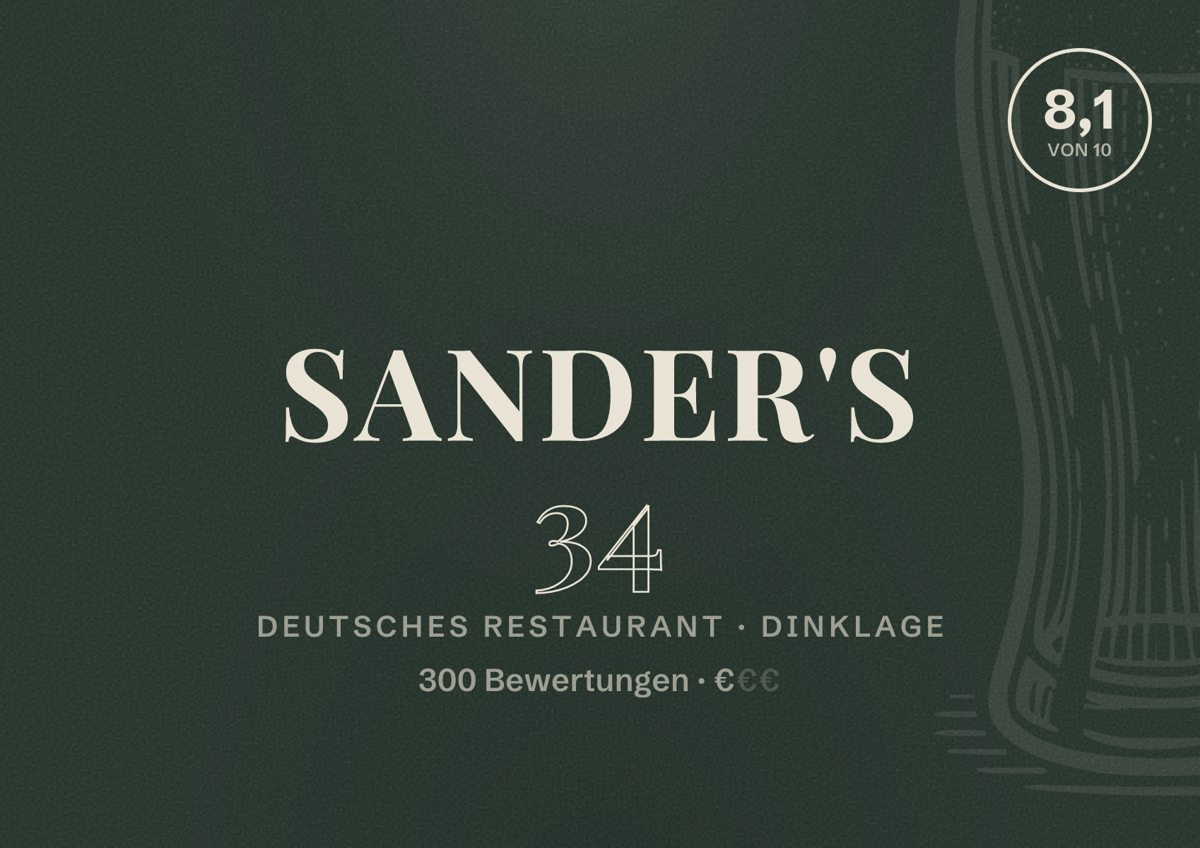 Illustriertes Poster von Sander's 34, Deutsches Restaurant in Dinklage: Bewertung 8,1 von 10 aus 300 Bewertungen, Preisniveau €