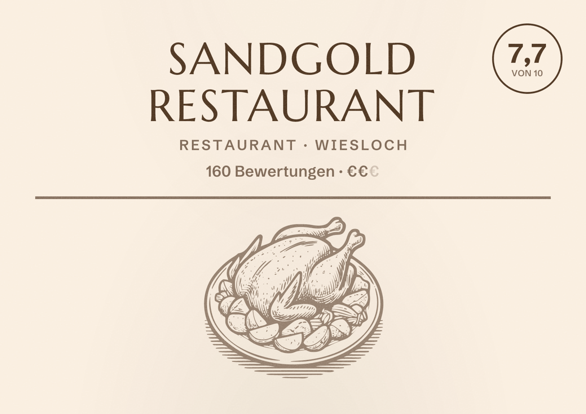 Illustriertes Poster von Sandgold Restaurant, Restaurant in Wiesloch: Bewertung 7,7 von 10 aus 160 Bewertungen, Preisniveau €€