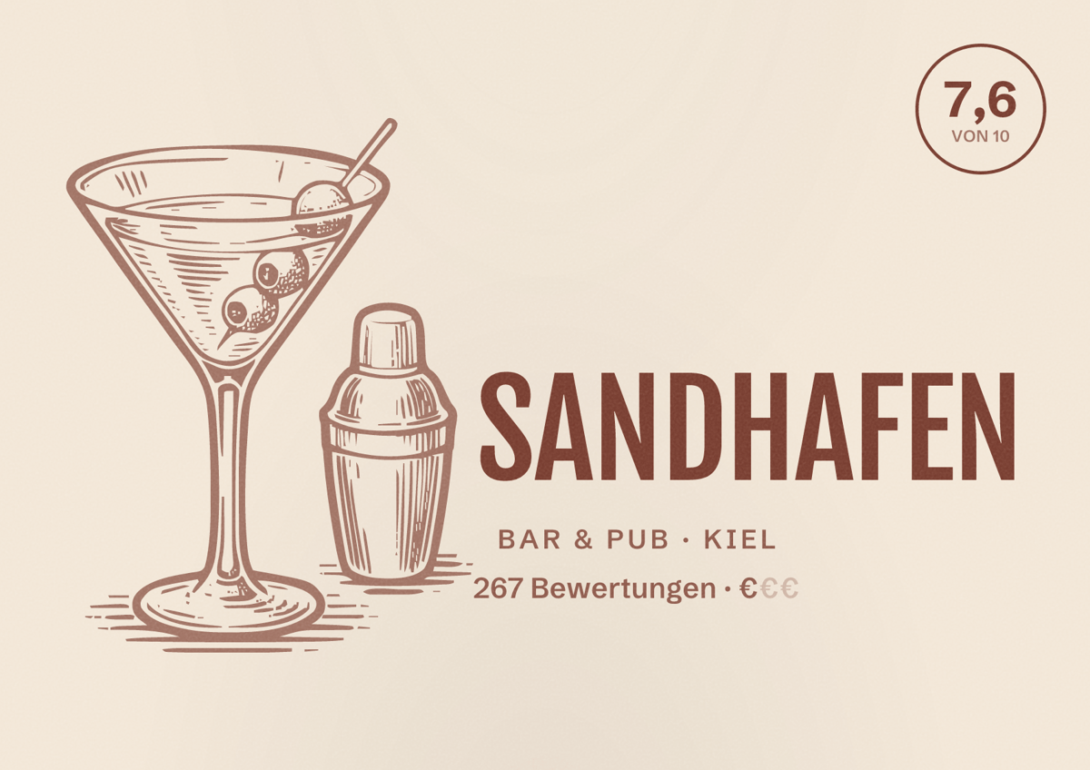 Illustriertes Poster von SANDHAFEN, Bar & Pub in Kiel: Bewertung 7,6 von 10 aus 267 Bewertungen, Preisniveau €